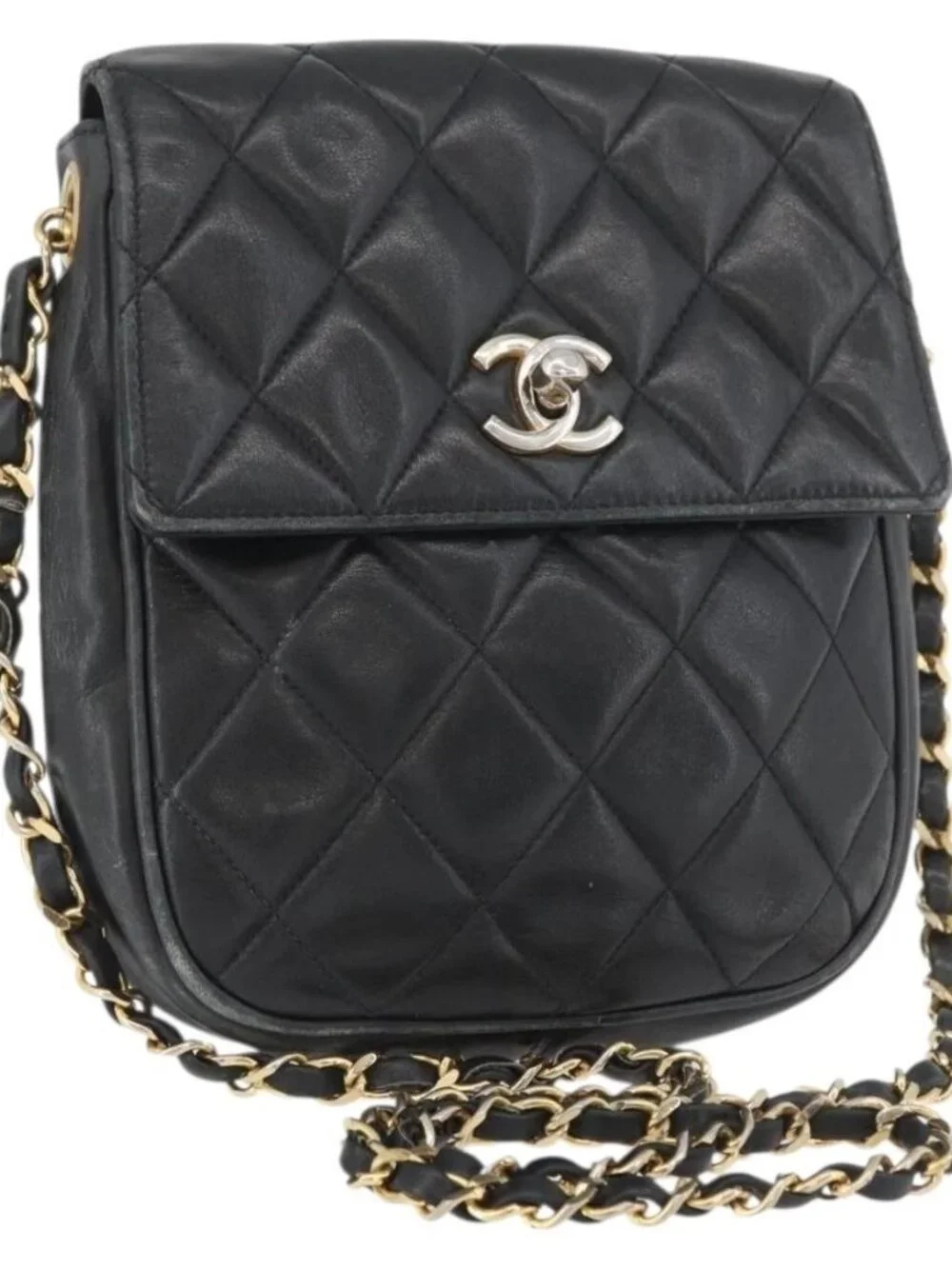 CHANEL Matelasse Chain Shoulder Bag Lamb Skin Black Gold CC Auth BA11216
